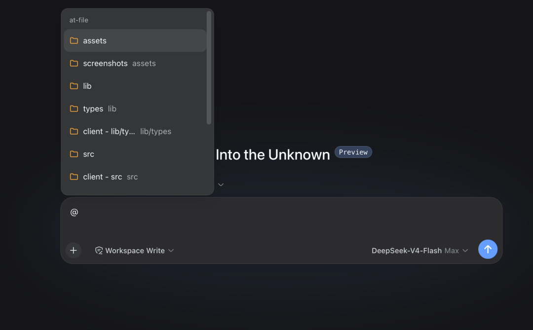 Typing @ in the prompt opens a file picker over the workspace folders