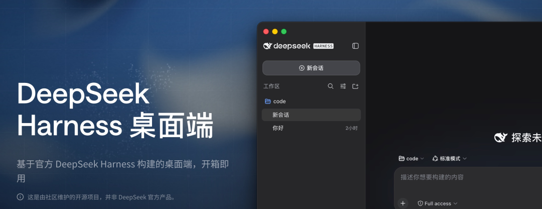 DeepSeek Harness Desktop: a community Electron build showing sessions, a code workspace and the standard-mode prompt box