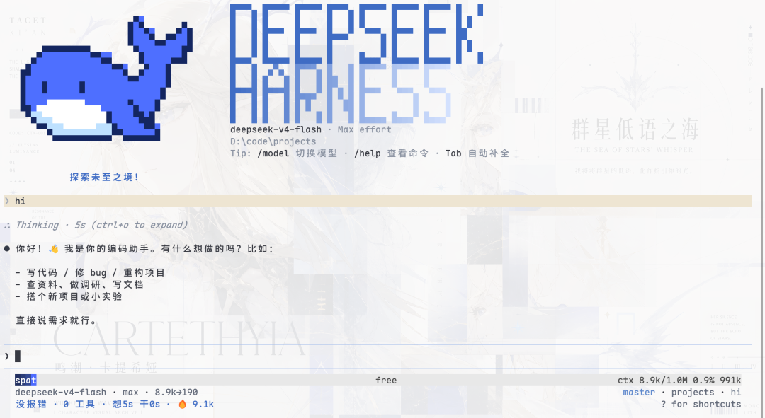 A full-screen terminal UI running DeepSeek Harness with a pixel-whale header, model line and chat transcript
