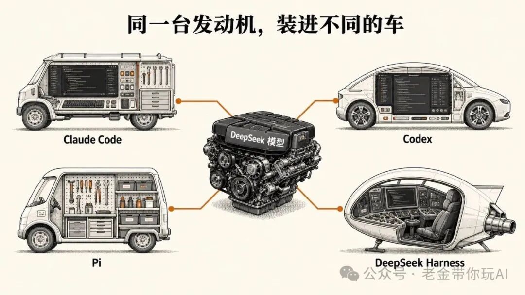 An infographic of 'the same engine installed into different cars': the DeepSeek model as a shared engine powering Claude Code, Codex, Pi and DeepSeek Harness, each built differently around it