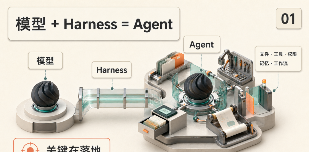 Diagram: model plus Harness equals Agent - the model reasons while the Harness supplies files, tools, permissions, memory and workflow